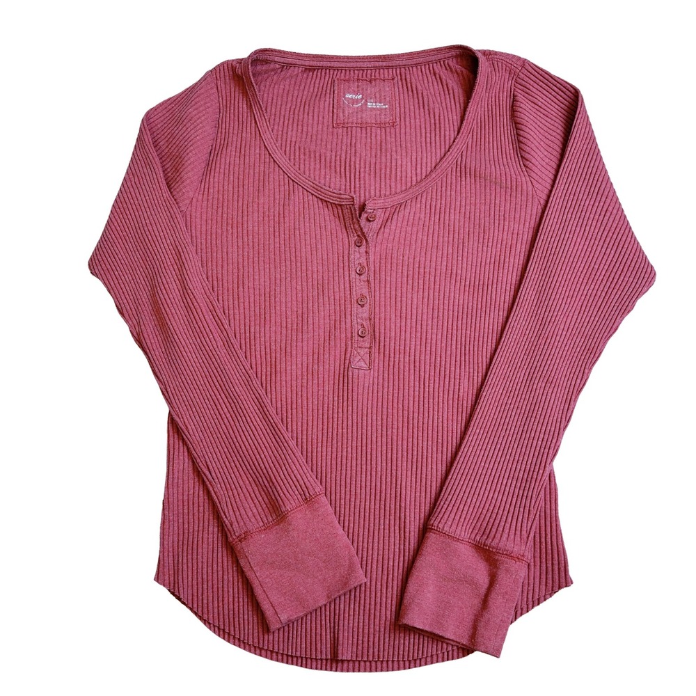 Aerie Women's Henley Top Ribbed Button Up Elena Gilbert Cozy Layering Fall Y2K L